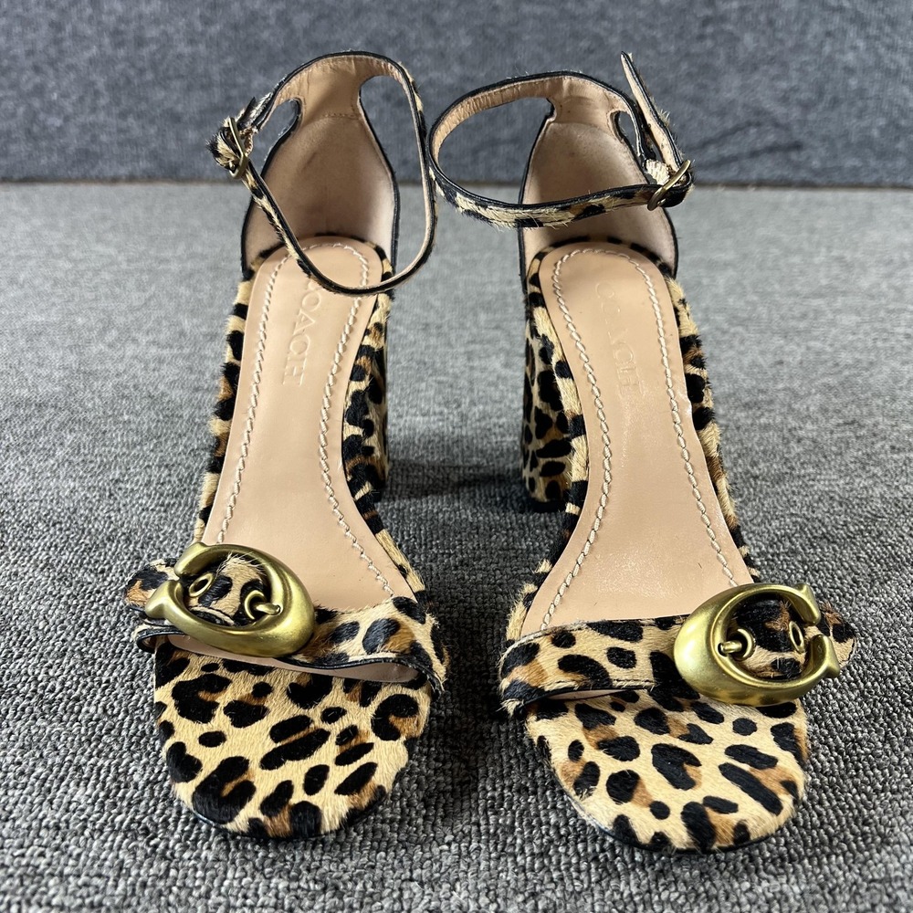 Coach Sandals Womens 5.5 Brown Leopard Calf Hair Block Heel Ankle Strap G2693